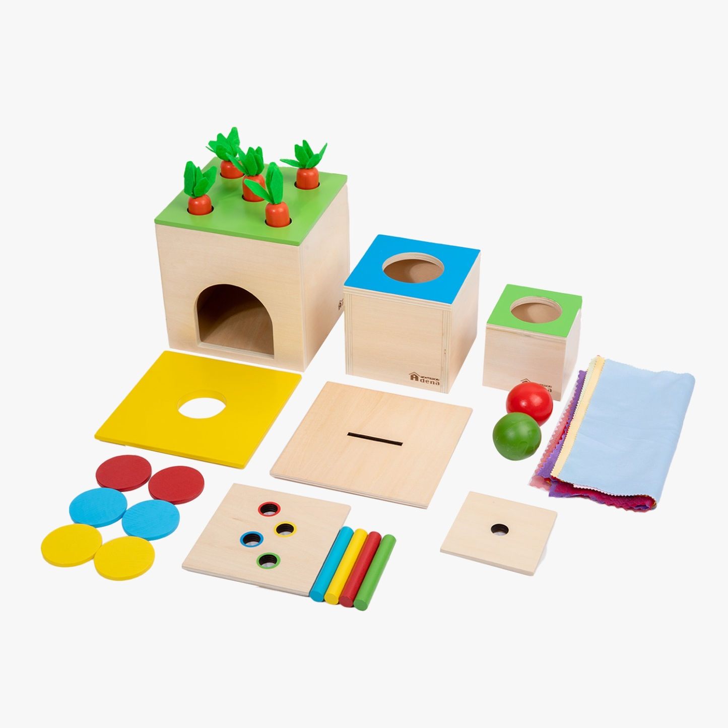 Coffret Montessori 6 jeux éducatifs en bois avec boîte de permanence, jetons, carottes à encastrer et bâtonnets colorés