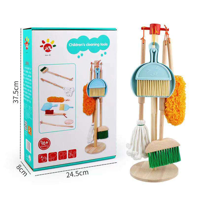 Navaris – Kit Ménage Enfant En Bois, 5 Pièces, Balai, Balayette, Pelle, Serpillière, Plumeau, Dès 3 Ans, Couleur Vive