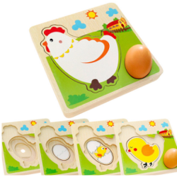 Puzzle Montessori en bois représentant le cycle de vie de la poule.