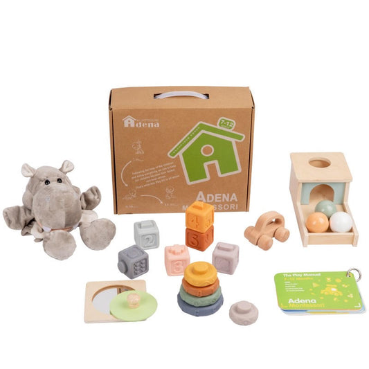 Coffret Montessori 7-12 mois avec jouets sensoriels en bois, blocs à empiler, permanence de l’objet et peluche douce