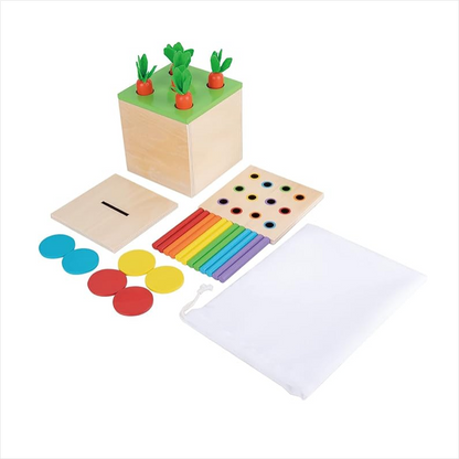Cube d’activités Montessori 3 en 1 en bois avec carottes, jetons et bâtonnets colorés pour enfants 1 à 3 ans